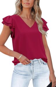 Aifer Womens V Neck Flowy Ruffle Short Sleeve Tops Elegant Business Casual Chiff