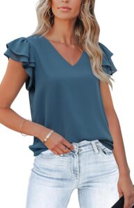 Aifer Womens V Neck Flowy Ruffle Short Sleeve Tops Elegant Business Casual Chiff