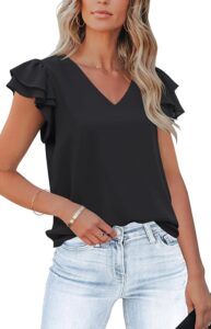 Aifer Womens V Neck Flowy Ruffle Short Sleeve Tops Elegant Business Casual Chiff