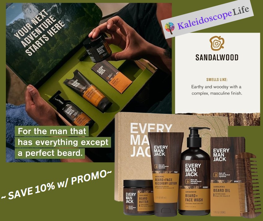 Every Man Jack Mens Sandalwood Grooming Set - Five Full-Sized Essentials Wash, Lotion, Hydrating Oil, Butter, and Comb