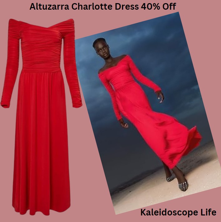 Altuzarra Charlotte Dress in Grenadine. The Charlotte dress is expertly crafted in Portugal from a lightweight jersey fabric and shaped to an off-the-shoulder silhouette. It features a fitted, ruched bodice then falls to a voluminous midi skirt.