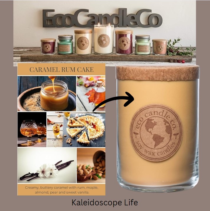 Eco Candle Co. Recycled Candle, Caramel Rum Cake, 26 oz. - Scents of Caramel, Rum, Maple, Almond, Pear, & Vanilla - 100% Soy Wax, No Lead, Kraft Paper Label & Lid, Hand Poured