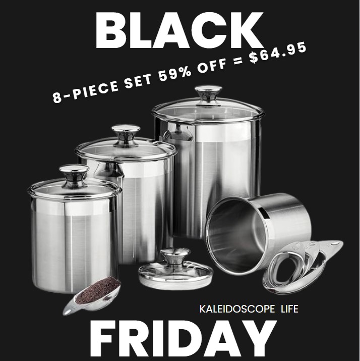Tramontina 80204/527DS Gourmet Stainless Steel Canister and Scoops Set, 8 Piece, Made in Brazil. Lids airtight silicone seal. heat and shatter resistant tempered glass. satin finish exterior, matching knobs, and mirror-polished accent borders