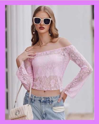 Avidlove Lace Long Sleeve Tops for Women Y2k Off The Shoulder Tops Sexy Sheer Bell Sleeve Going Out Tops