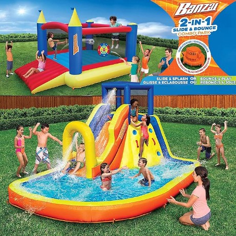 BANZAI Inflatable 13' Water Slide Park Plus 12' Bounce House 2 for 1 Value Pack w Free Air Blower- Inflates in Under 2min- Heavy Duty Kids Adventure Park Pool with Sprinkler 12’x9 XL Bouncy Castle