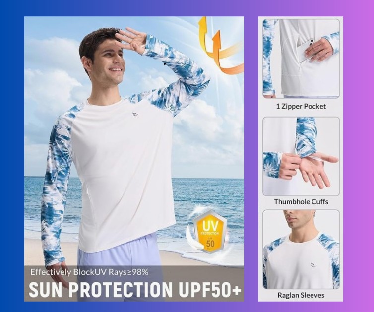 baleaf Men's Sun Protection Swim Shirts Zipper Pocket Rash Guard Shirt Quick Dry Long Sleeve Sun Shirt UPF 50+
